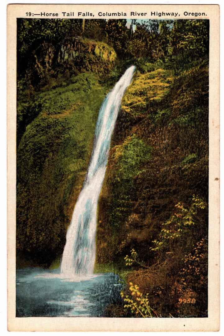 Vintage postcard of a waterfall in Horse Tail Falls, Columbia River Highway, Oregon.