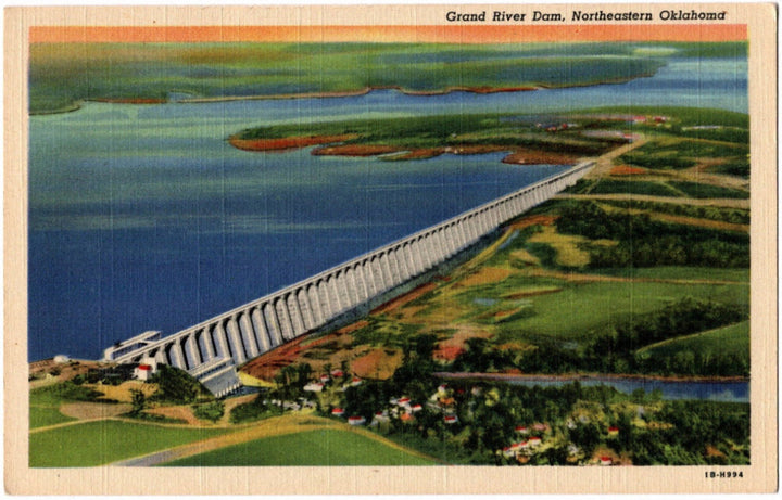 Vintage postcard of Grand Rivers Dam in Northeastern Oklahoma.