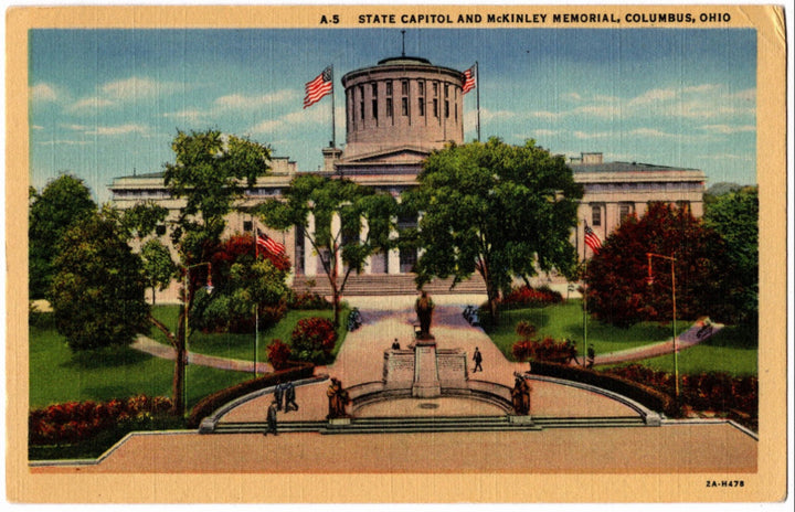 Vintage postcard of the State Capitol and McKinley Memorial in Columbus, Ohio.