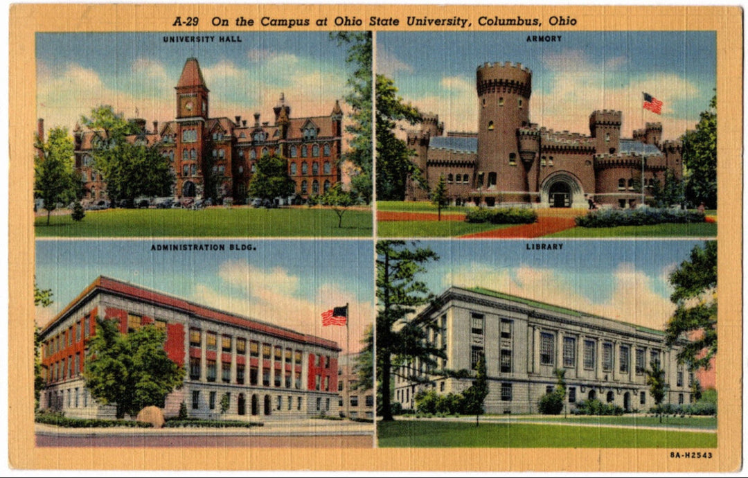 Vintage postcard montage of Ohio State University campus with four different buildings.