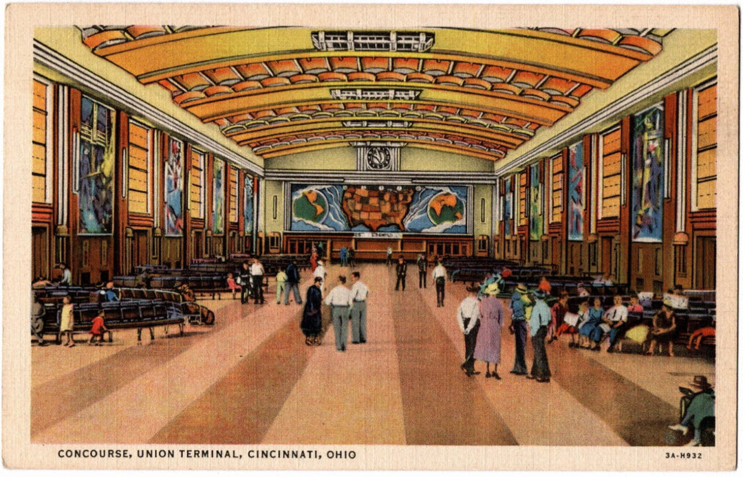 Vintage postcard of a concourse in Union Terminal, Cincinnati, Ohio with people walking around.