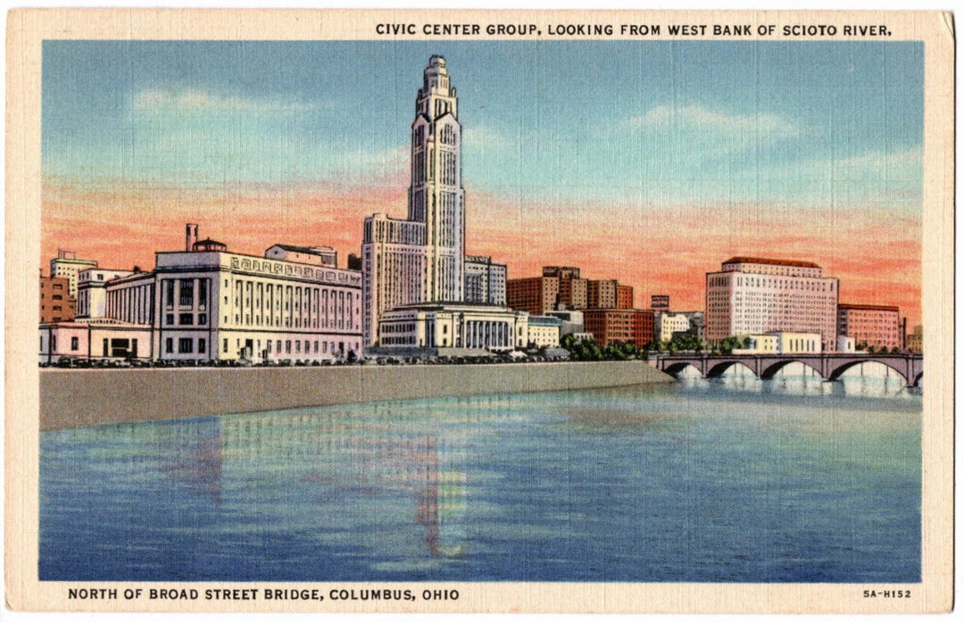 Vintage postcard of a city skyline with a river, featuring the Civic Center Group in Columbus, Ohio.