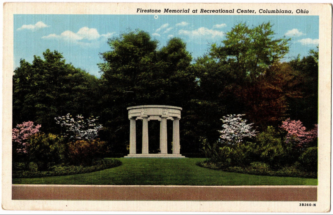 Memorial structure in a park with trees and flowers, Columbia, Ohio vintage postcard.