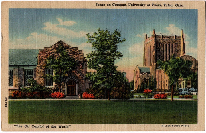 Vintage postcard of a campus scene with buildings and greenery, University of Tulsa.