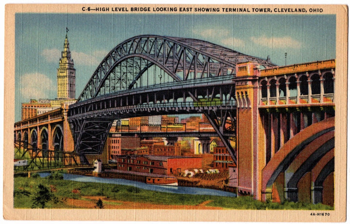 Vintage postcard of High Level Bridge and Terminal Tower in Cleveland, Ohio.
