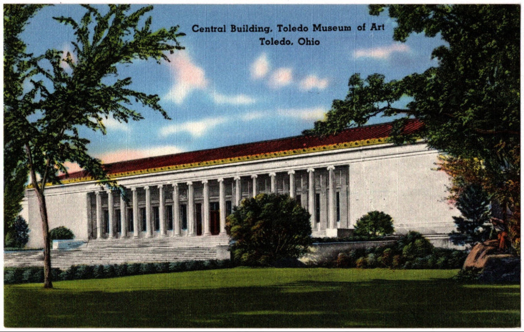 Toledo Museum of Art with trees and grass in the foreground, vintage postcard.