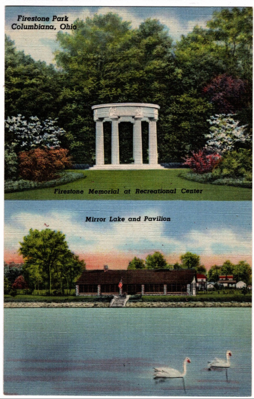 Vintage postcard montage of wo scenic views of a park with a memorial and lake, featuring text about Fireside Park and Columbiana, Ohio.