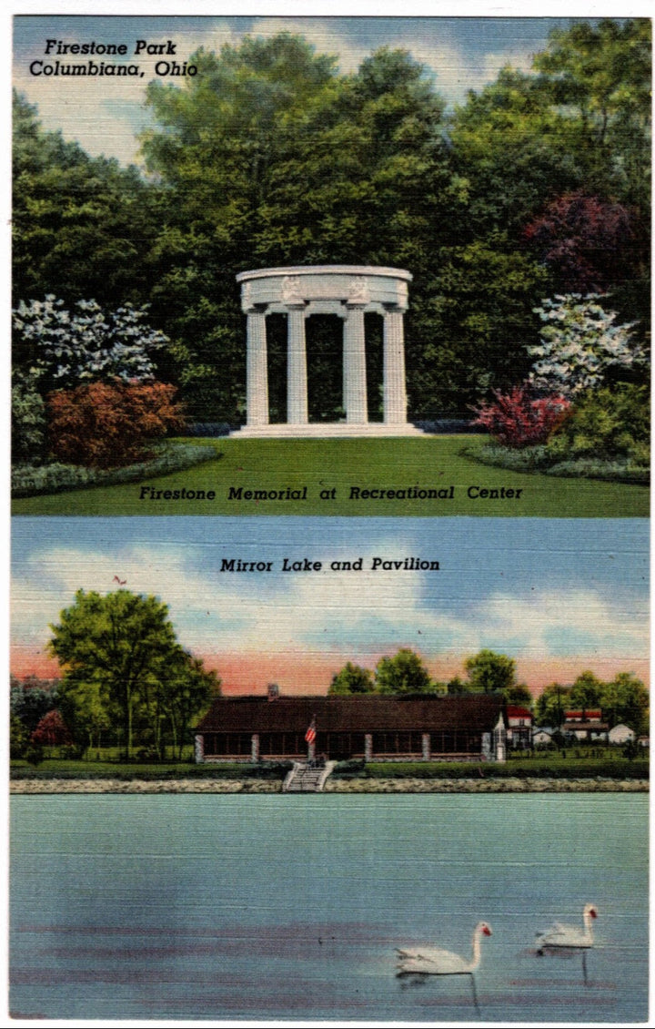 Vintage postcard montage of wo scenic views of a park with a memorial and lake, featuring text about Fireside Park and Columbiana, Ohio.