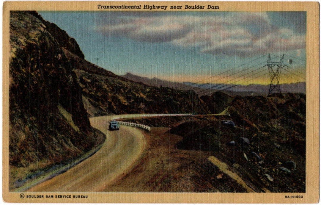 Vintage postcard of a scenic road with mountains and a bridge, labeled 'Transcontinental Highway near Boulder Dam'.