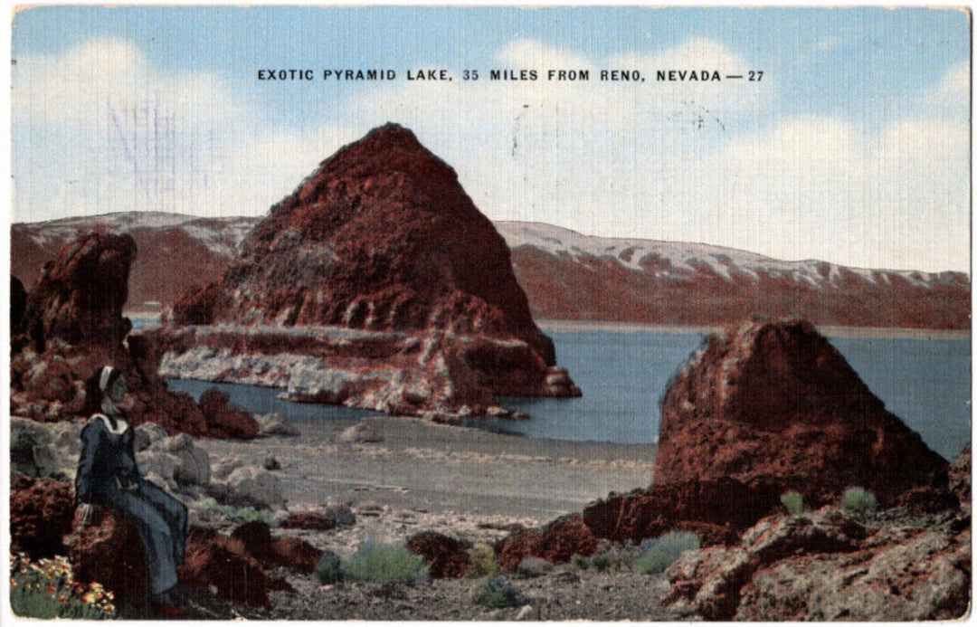 Vintage postcard of Pyramid Lake with a person sitting on a rock, Nevada.