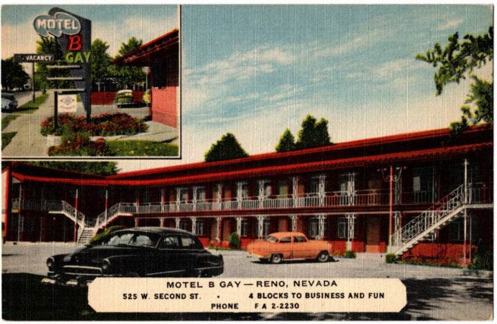 Vintage postcard of Motel B Gay in Reno, Nevada with cars parked in front.
