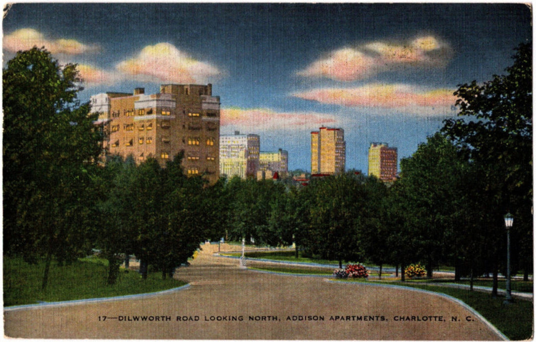 Vintage postcard of Dilworth Road looking North at the Addison Apartments.