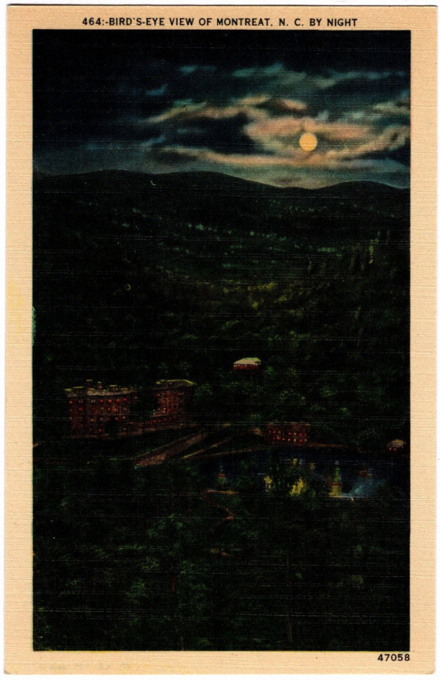 Vintage postcard of Montreat NC at night.