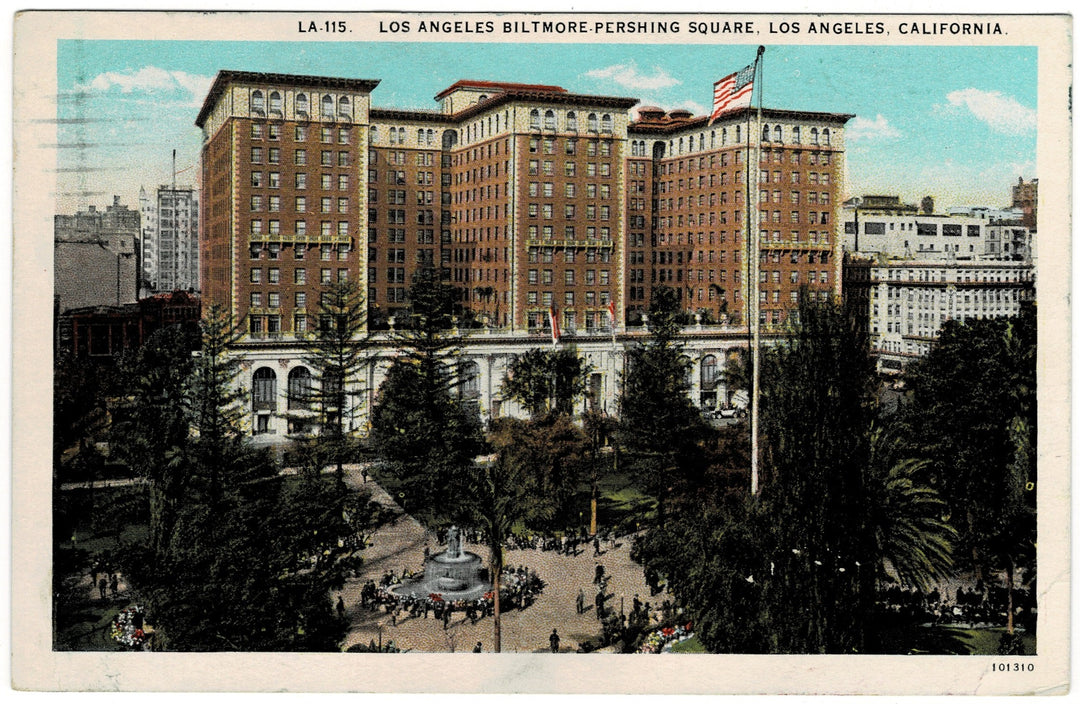 1929 Biltmore Pershing Square Los Angeles California Vintage Postcard.