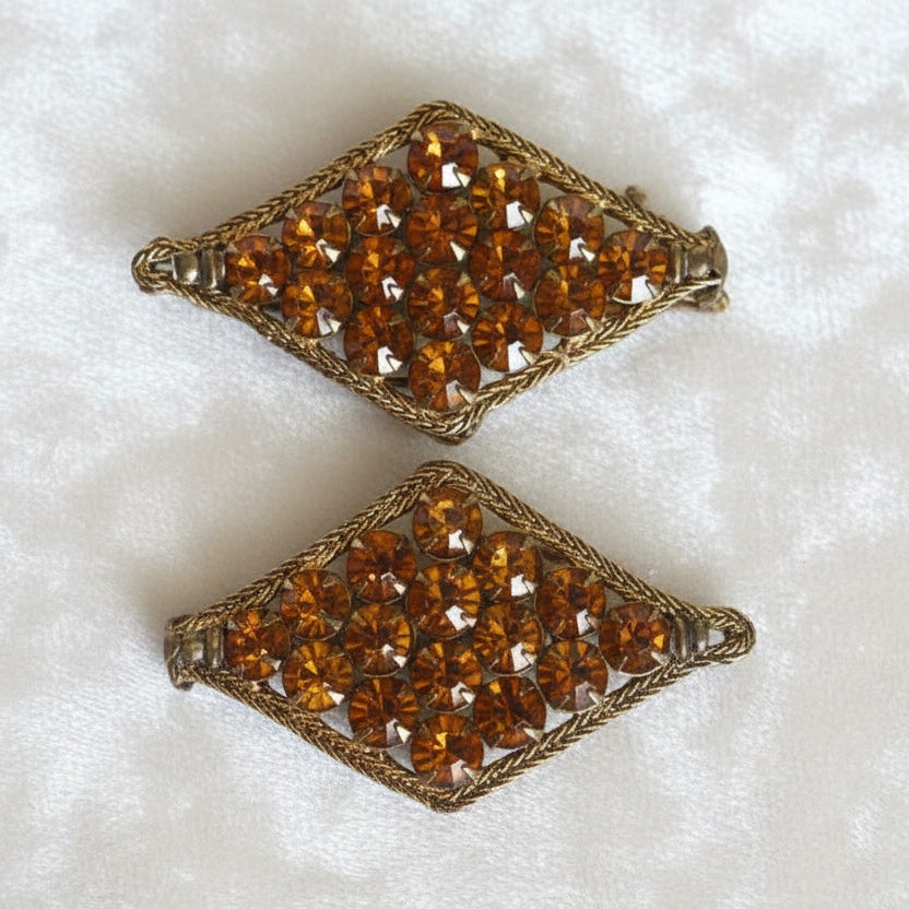 1930s Pair Topaz Rhinestones & Bronze Bullion Appliques, fronts.