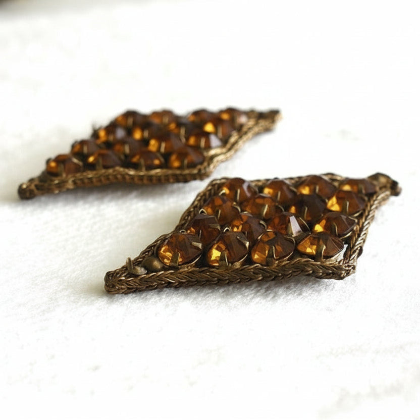 1930s Pair Topaz Rhinestones & Bronze Bullion Appliques.
