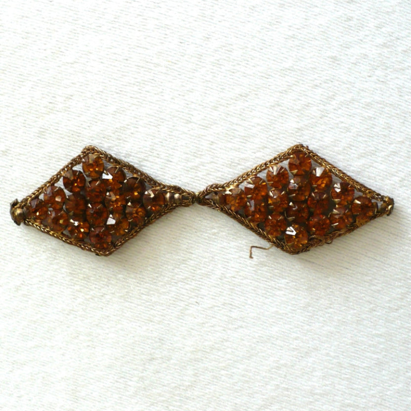 1930s Pair Topaz Rhinestones and Bronze Bullion Appliques, faces, side-by-side.