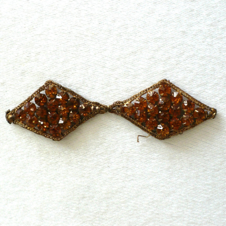 1930s Pair Topaz Rhinestones and Bronze Bullion Appliques, faces, side-by-side.