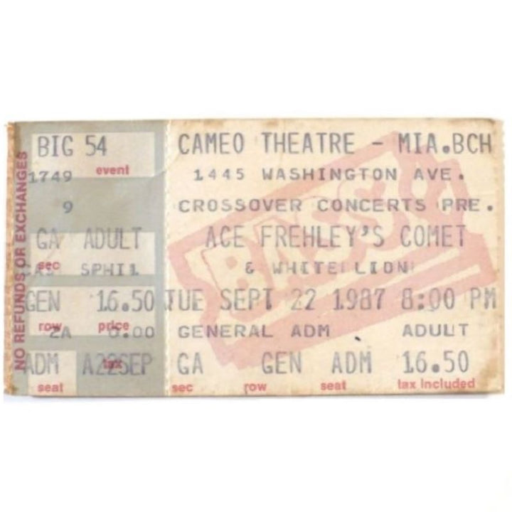 Autographed John Regan Ace Frehley's Comet Ticket 1987, Kiss, White Lion
