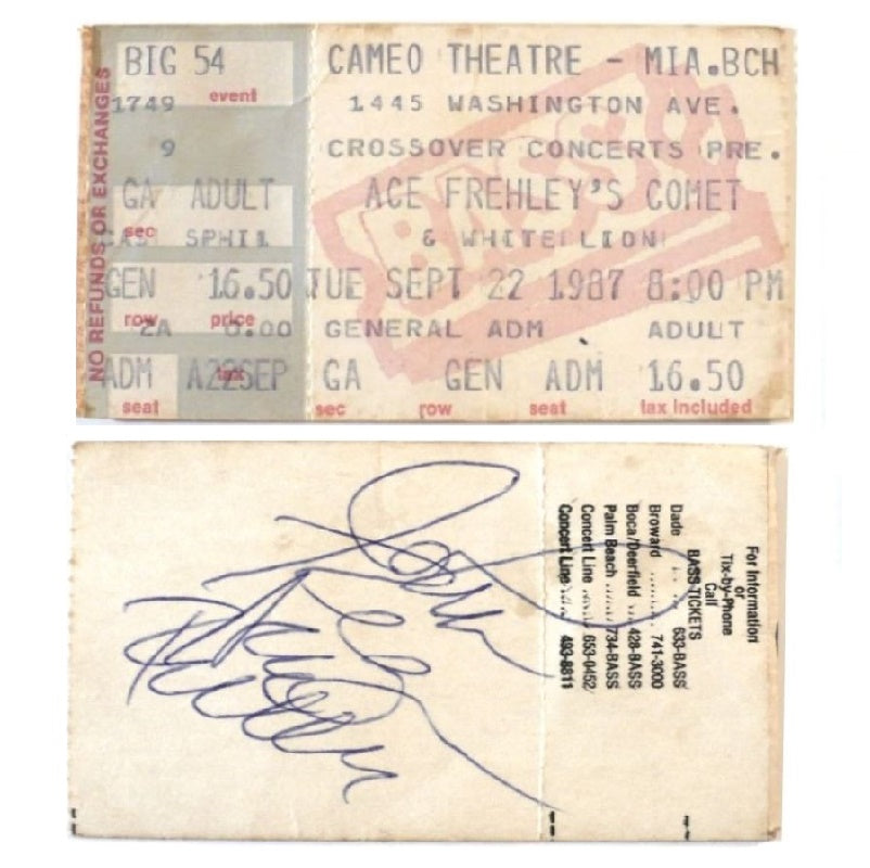 Autographed John Regan Ace Frehley's Comet Ticket 1987, Kiss, White Lion.