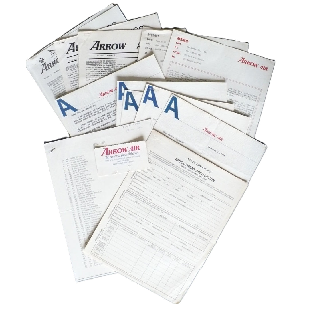 Arrow Airways 1983–1985 Employee Ephemera Collection Newsletters Memos Letters Employment Application Rolodex.