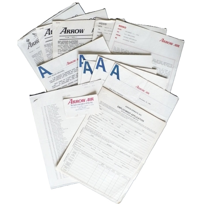 Arrow Airways 1983–1985 Employee Ephemera Collection Newsletters Memos Letters Employment Application Rolodex.