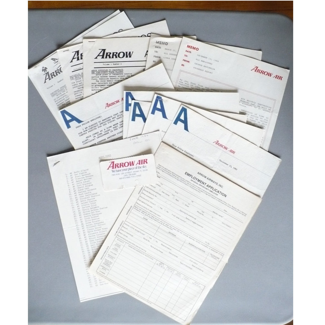 Arrow Airways 1983–1985 Employee Ephemera Collection Newsletters Memos Letters Employment Application Rolodex.