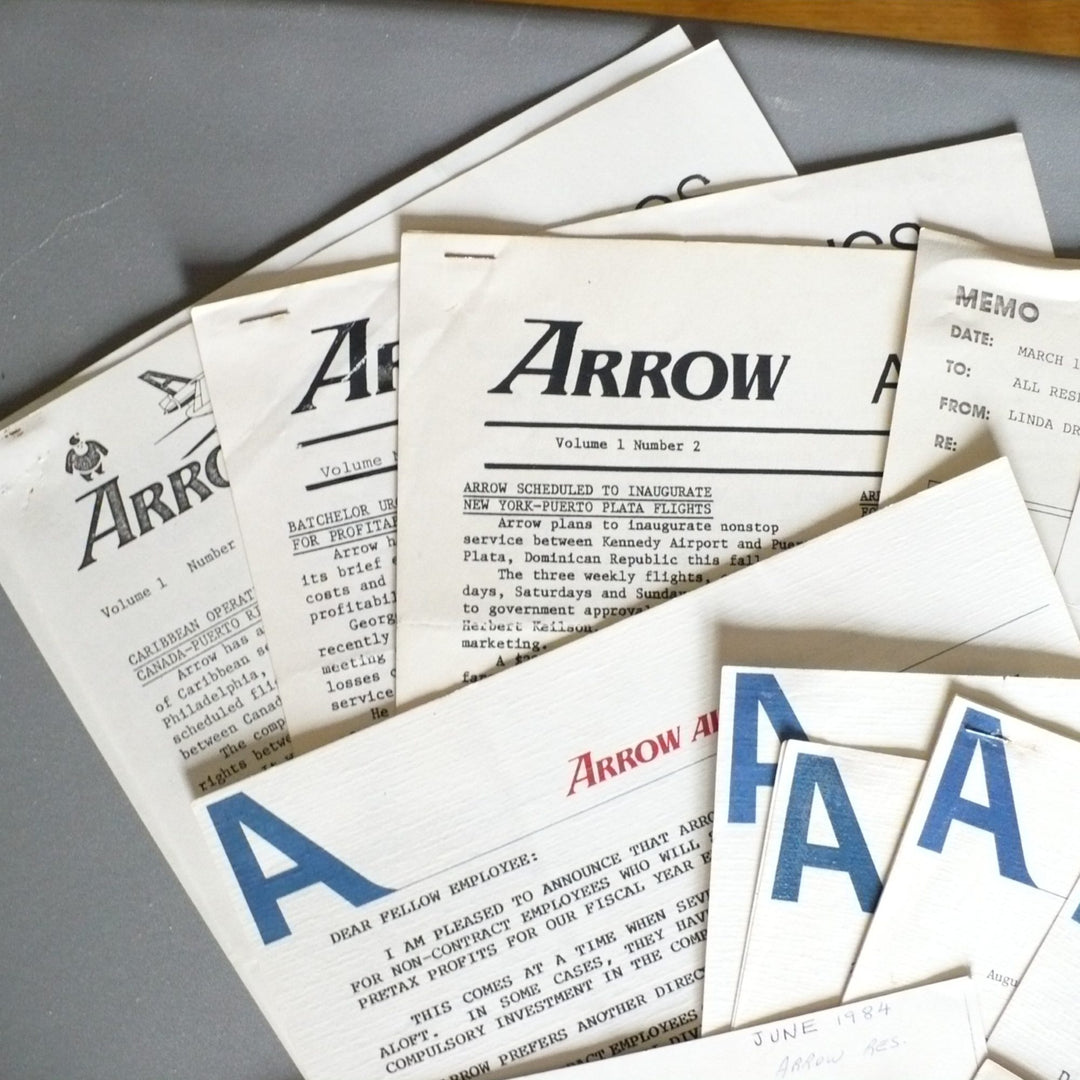 Arrow Airways 1983–1985 Employee Ephemera Collection Newsletters Memos Letters Employment Application Rolodex.
