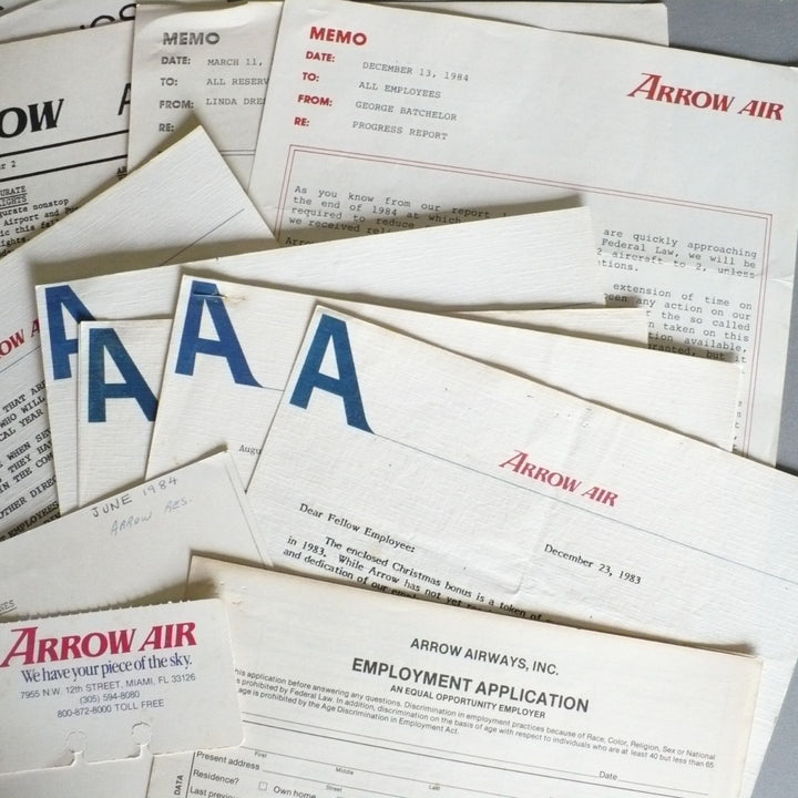 Arrow Airways 1983–1985 Employee Ephemera Collection Newsletters Memos Letters Employment Application Rolodex.
