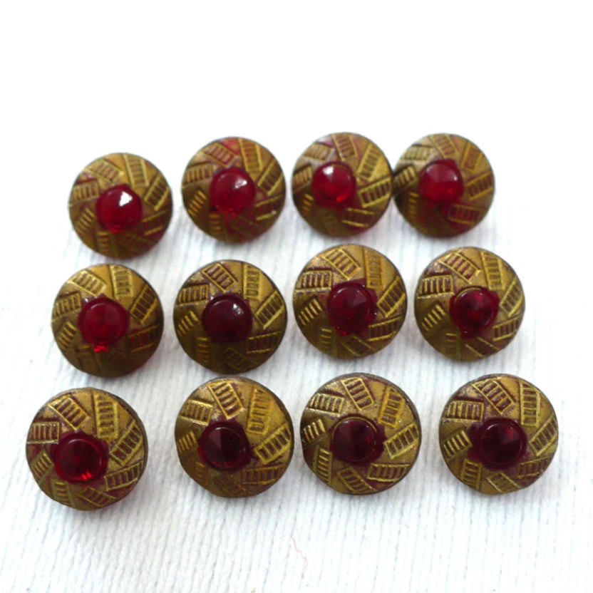 14L Set of Twelve 1920s Red Gilt Luster Glass Czech Dimi Buttons, 11/32".