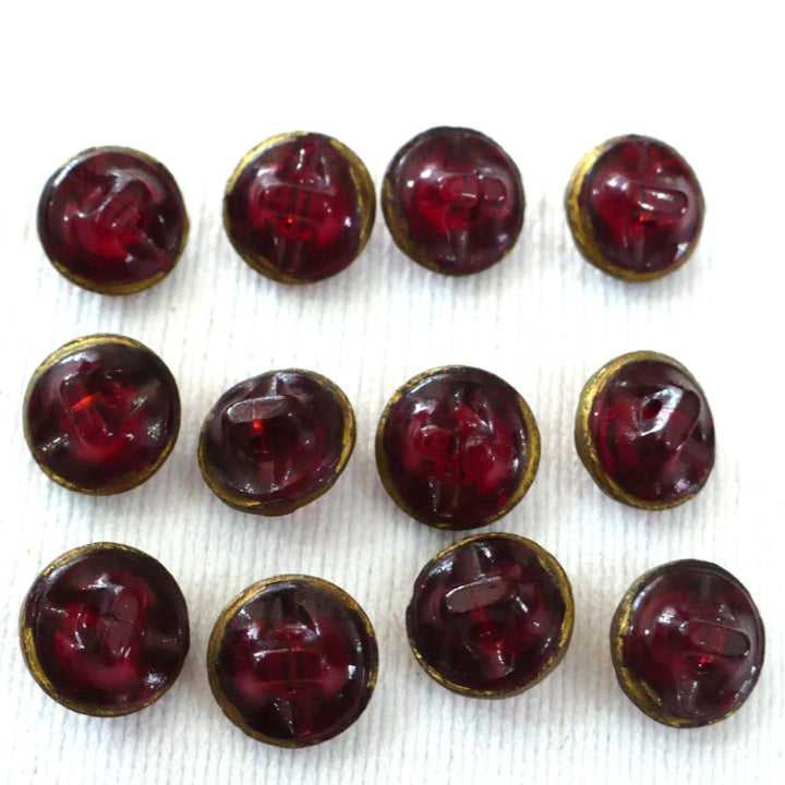 14L Set of Twelve 1920s Red Gilt Luster Glass Czech Dimi Buttons, 3/8".