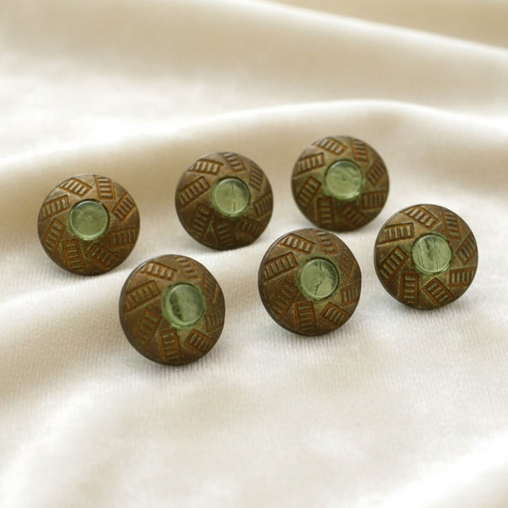14L Set of Six 1920s Green Gold Luster Czech Glass Dimi Buttons, 11/32".