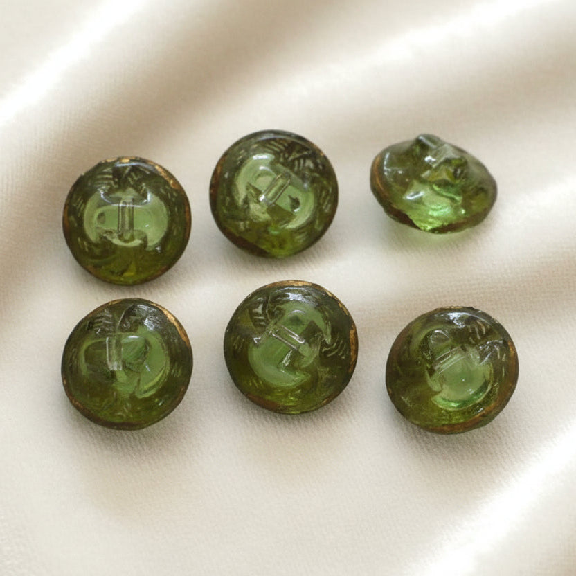 14L Set of Six 1920s Green Gold Luster Czech Glass Dimi Buttons, 11/32".