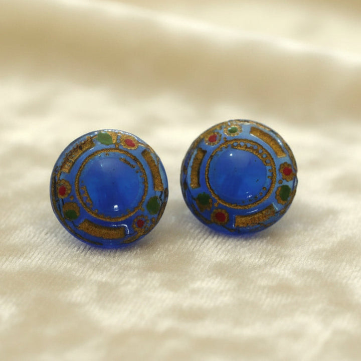 16L Set of Two Small Blue Glass Tunnel Shank Buttons, 3/8".