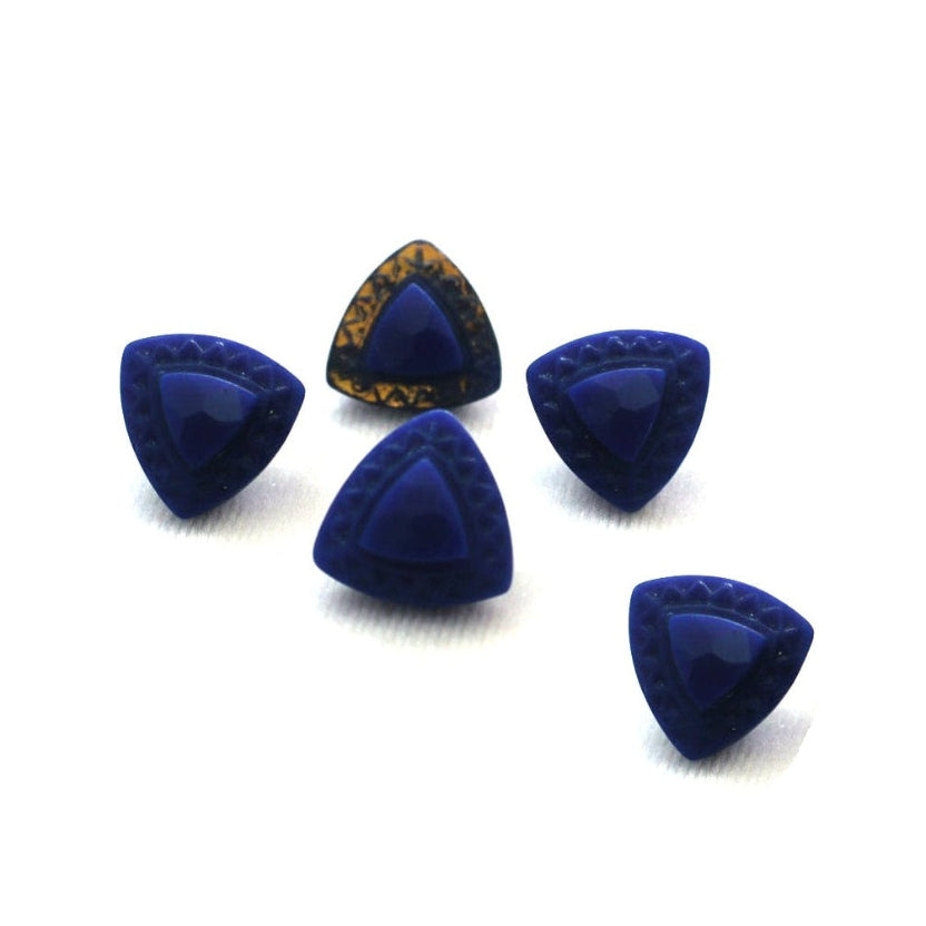 Rare Set of 5 Vintage 1920s Czech Glass Shank Buttons – Cobalt Blue Art Deco Egyptian Revival Pyramids.