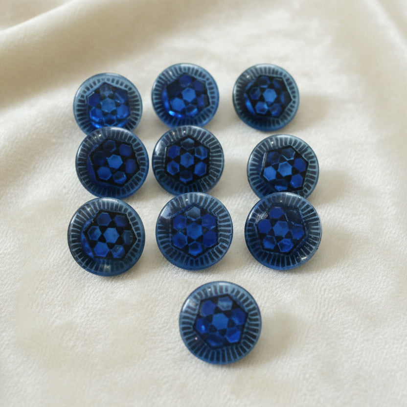15L Set of Ten Round Blue Czech Glass Diminutive Buttons, 3/8".