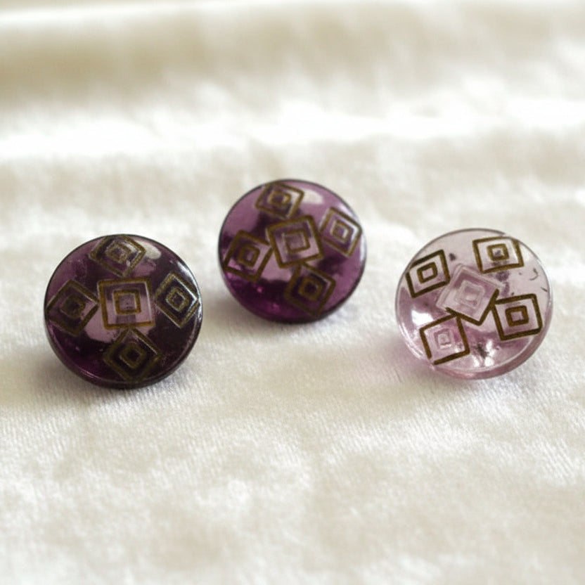 14L Set of Three Clear with Purple and Gilt Glass Diminutive Buttons, 3/8".