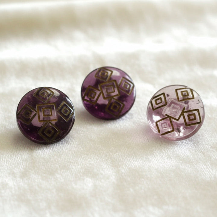 14L Set of Three Clear with Purple and Gilt Glass Diminutive Buttons, 3/8".