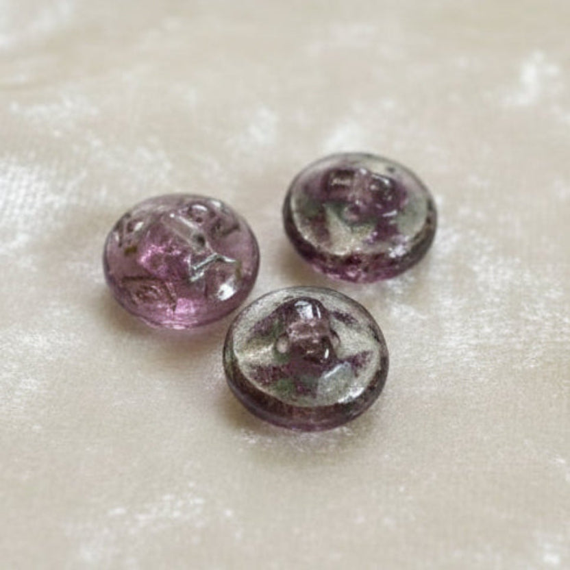 14L Set of Three Clear with Purple and Gilt Glass Diminutive Buttons, 3/8".
