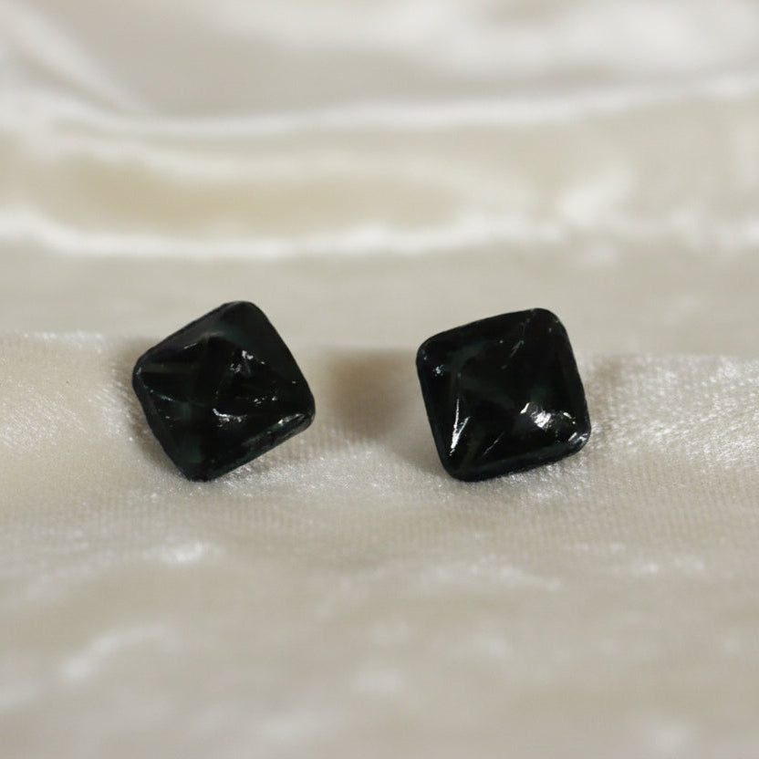 Produced in the Jablonec area of the Czech Republic starting in the 1800s and continuing into the 20th century. Set of two black glass mourning, self-shank buttons with contrasting painted details.
Measure approximately 13 lignes, 8.2 mm., or 5/16".