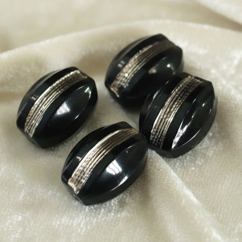 13L Set of Four 1920s Black Silver Luster Glass Dimi Self-shank Buttons, 5/16".