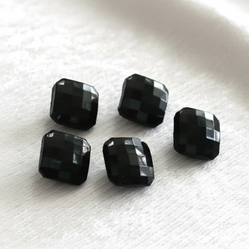 14L Set of Five Faceted Squared Black Glass Dimi Mourning Buttons .