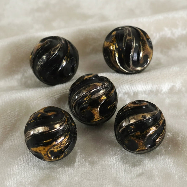 15L Set of Five Art Nouveau Black Glass Shank Buttons, 3/8".