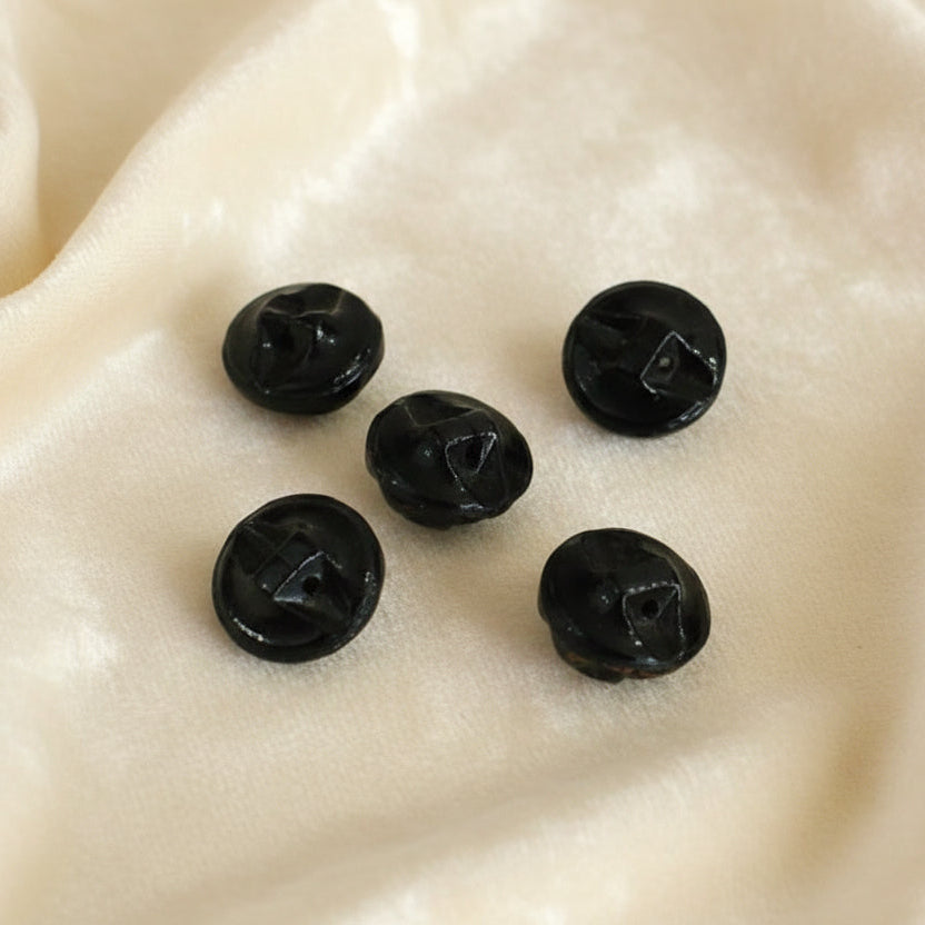 15L Set of Five Art Nouveau Black Glass Shank Buttons, 3/8".