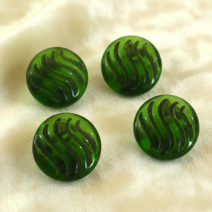 14L Set of Four Green Czech Glass Art Deco Diminutive Buttons, 11/32".