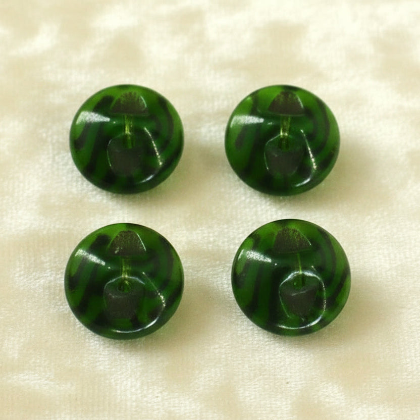 14L Set of Four Green Czech Glass Art Deco Diminutive Buttons, 11/32".