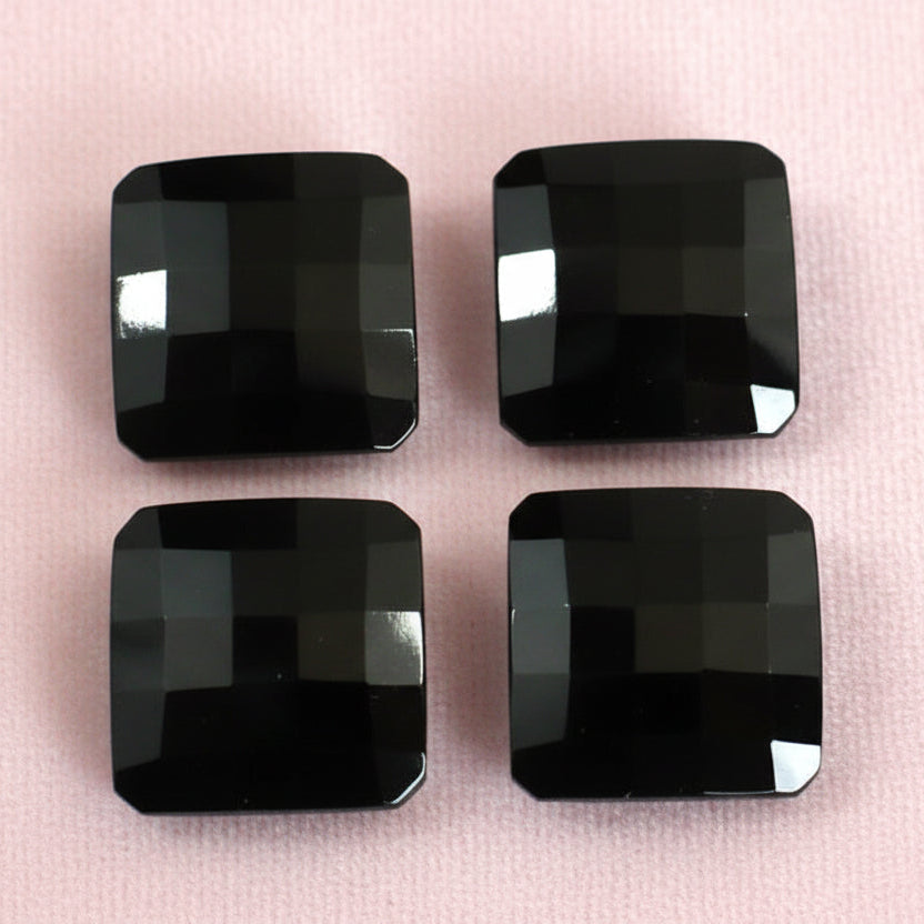 27L Set of Four Black Faceted Square Glass Shank Buttons, 3/4"