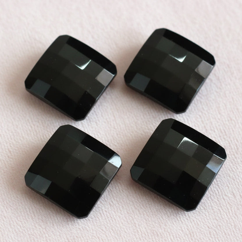 27L Set of Four Black Faceted Square Glass Shank Buttons, 3/4"