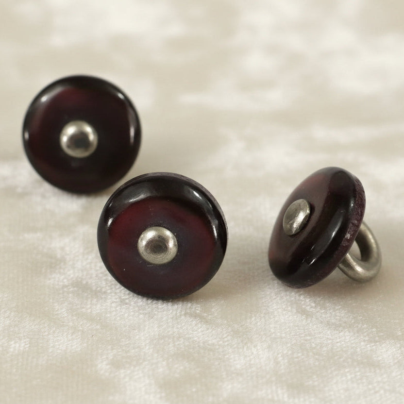 14L Set of Three Aubergine Diminutive Glass Pin Shank Buttons, 11/32".