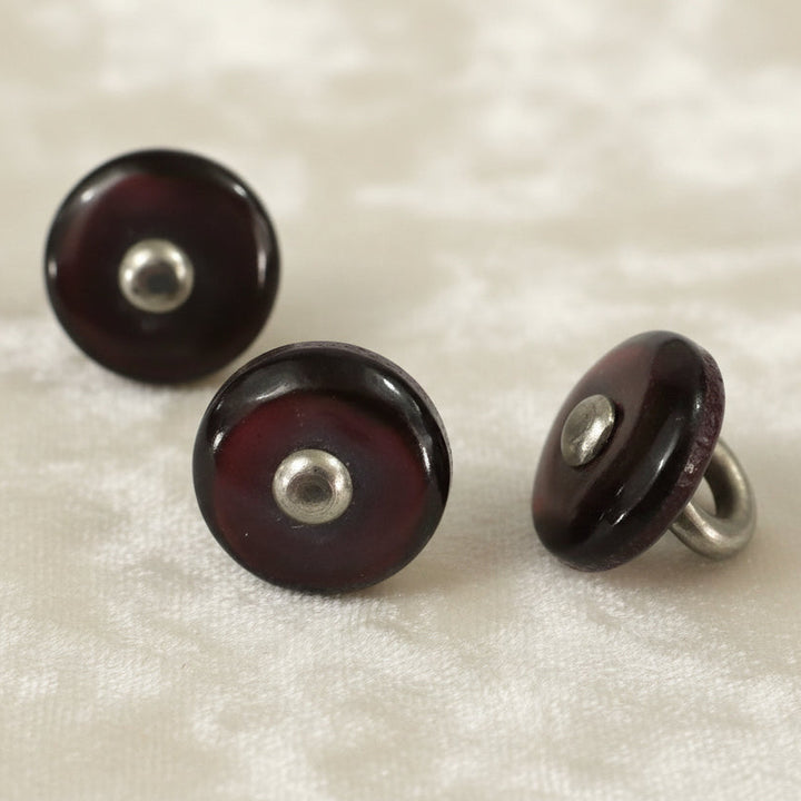 14L Set of Three Aubergine Diminutive Glass Pin Shank Buttons, 11/32".